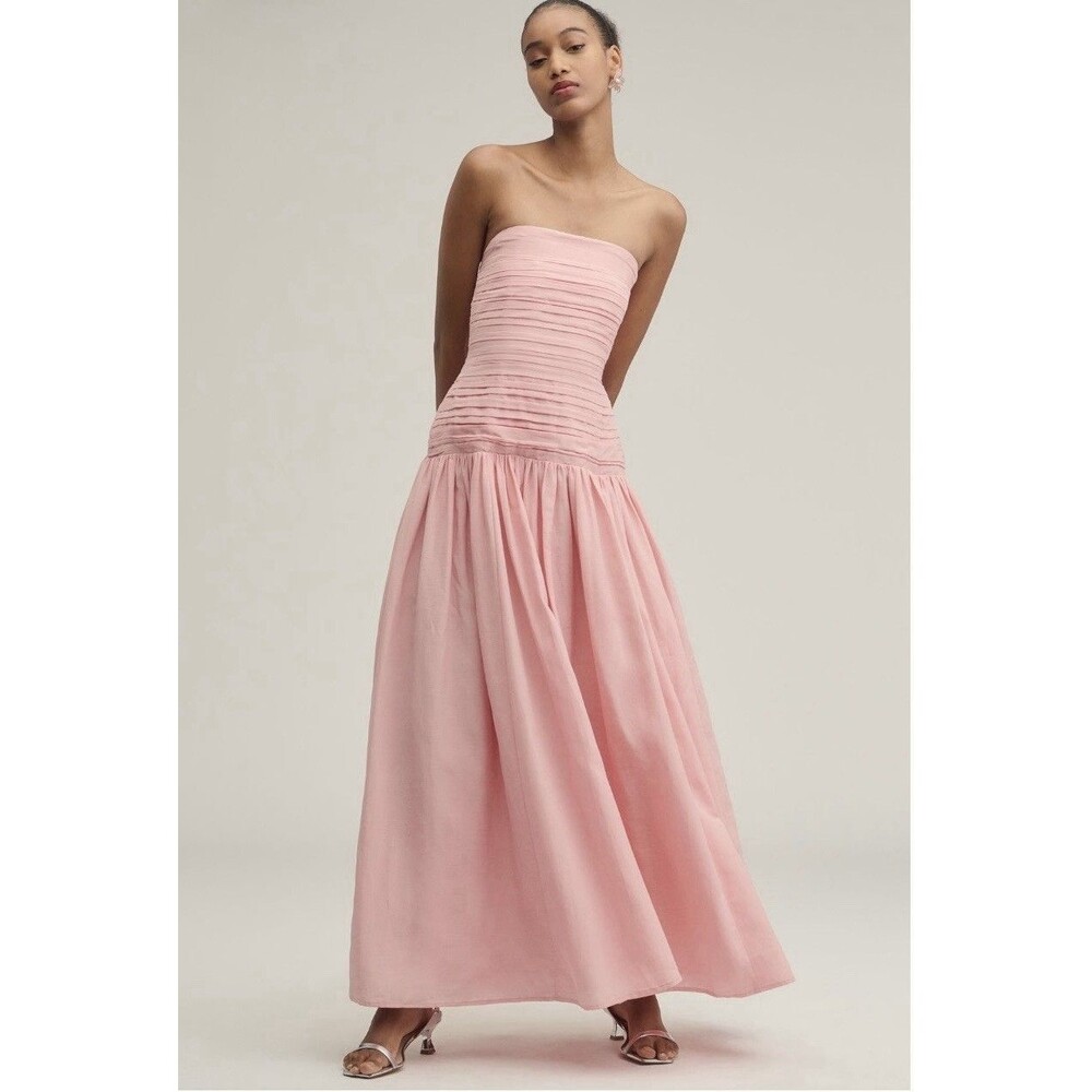 Anthropologie Nancy Strapless Linen Silk Drop Waist Pink Size 10 Maxi Dress NWT